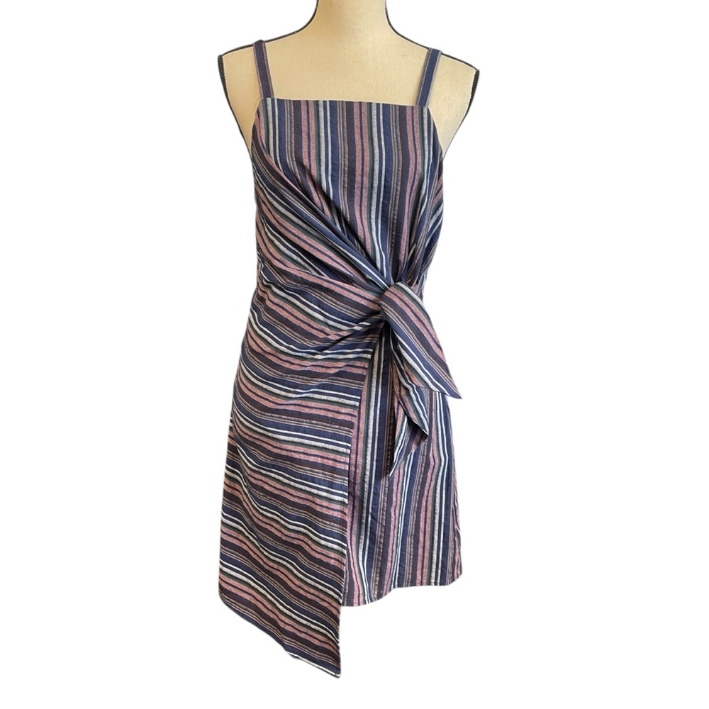 Pinch Multi Striped Waist‎ Tie Asymmetrical Linen Blend Summer Dress Women's S